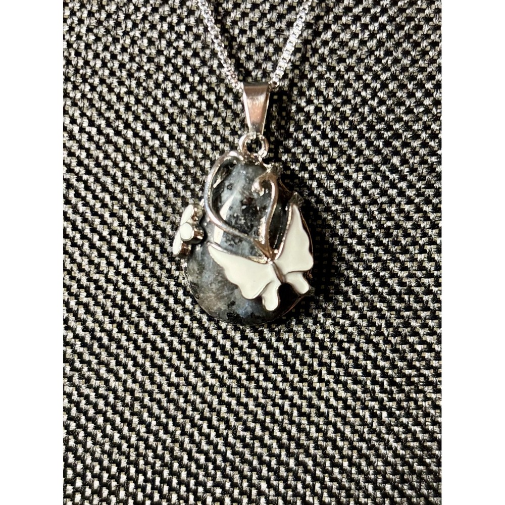 Stainless Steel Butterfly Stone Pendant Necklace Silver Tone Enamel Box Chain